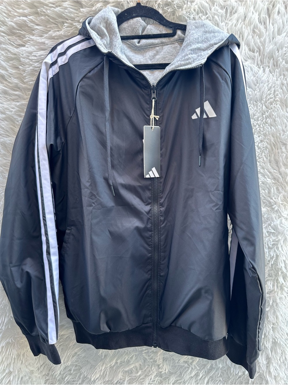 Adidas Black Hooded Track Jacket with White Stripes - reversible - Picture 1 of 6